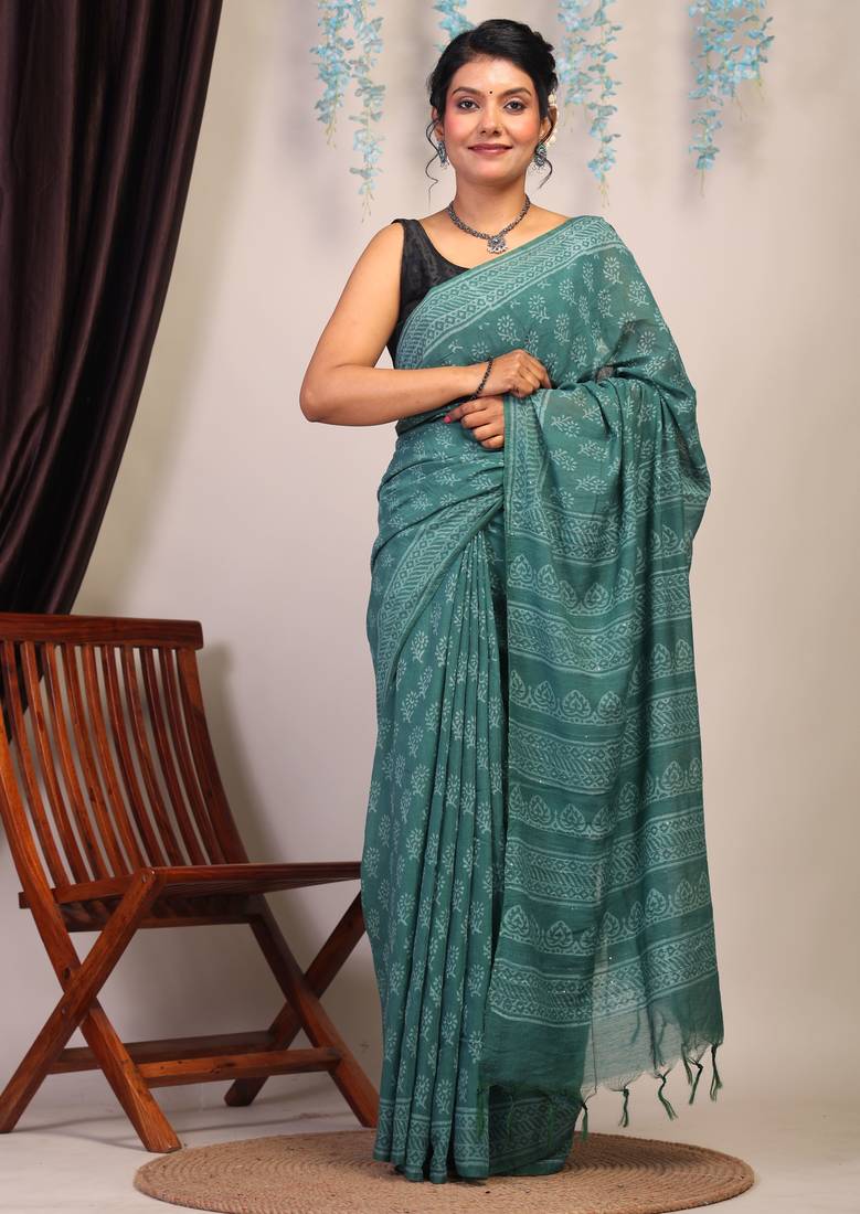 teal green sequence cotton silk blend bhagalpuri ethnic saree with unstitched blouse