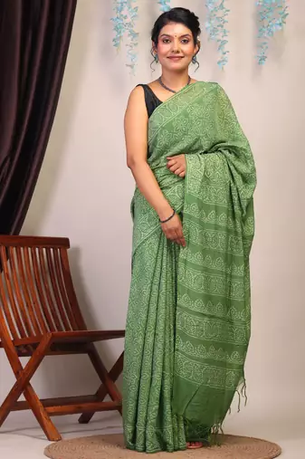 green sequence cotton silk blend bhagalpuri ethnic saree with unstitched blouse