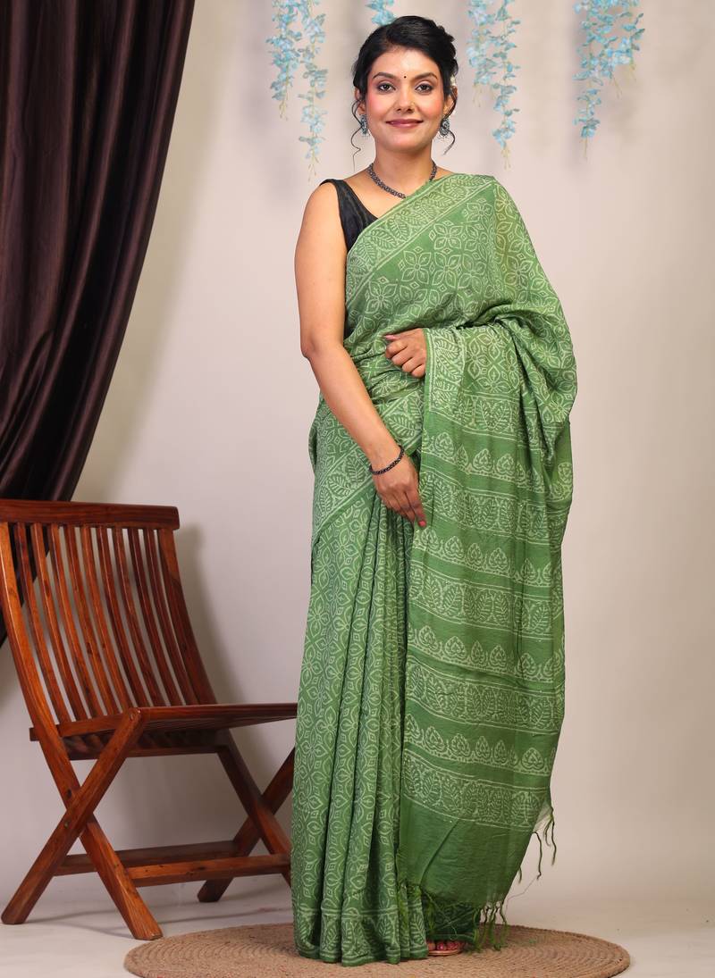 green sequence cotton silk blend bhagalpuri ethnic saree with unstitched blouse