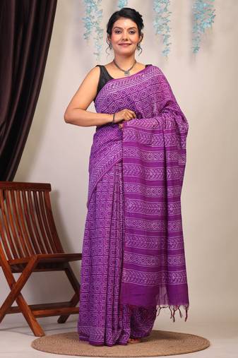 purple sequence cotton silk blend bhagalpuri ethnic saree with unstitched blouse