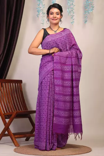 purple sequence cotton silk blend bhagalpuri ethnic saree with unstitched blouse