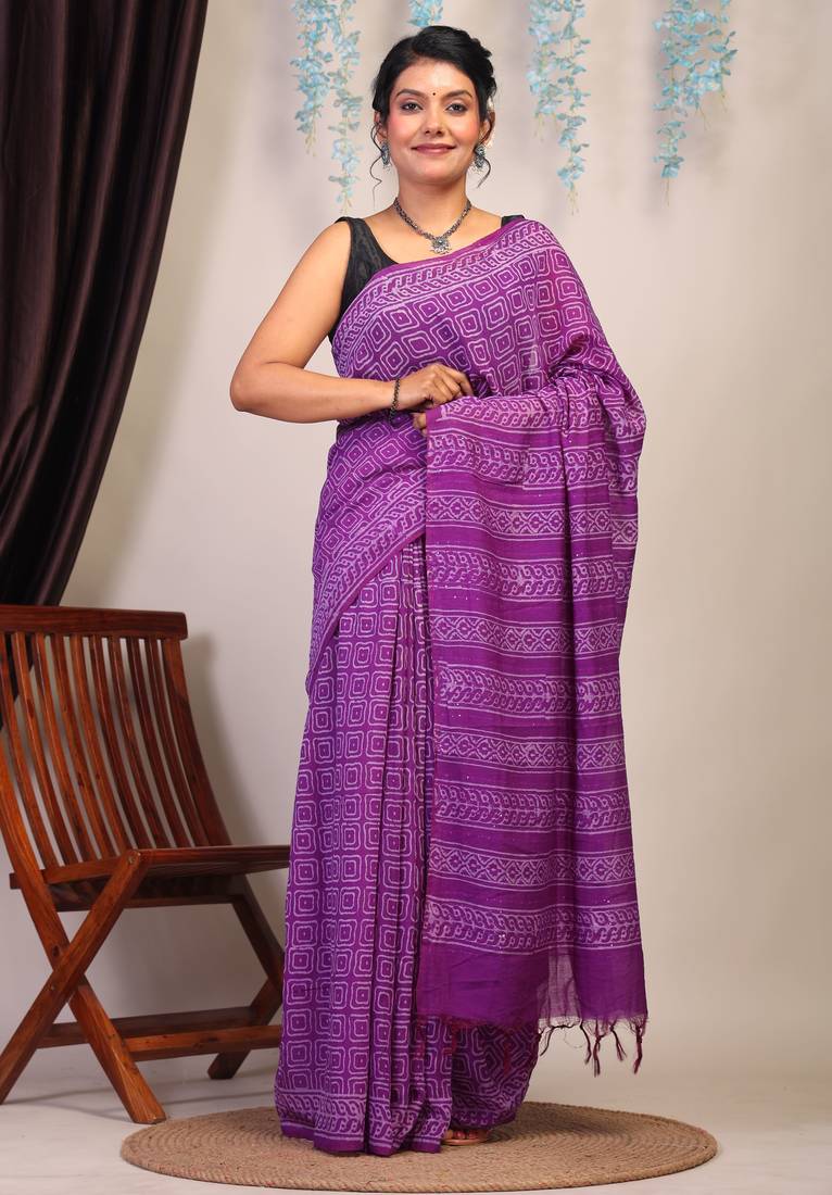 purple sequence cotton silk blend bhagalpuri ethnic saree with unstitched blouse
