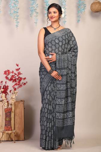 gray sequence cotton silk blend bhagalpuri ethnic saree with unstitched blouse