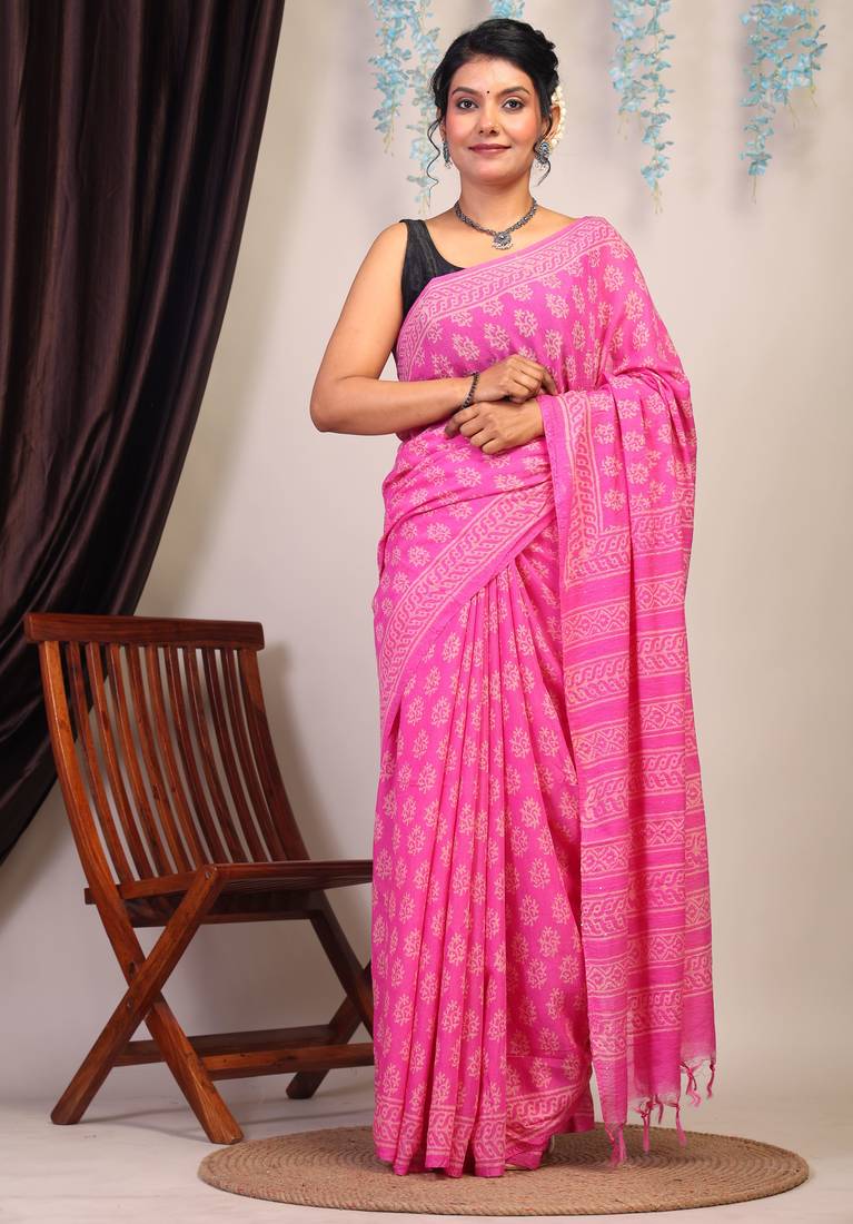 pink sequence cotton silk blend bhagalpuri ethnic saree with unstitched blouse
