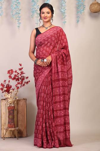 maroon sequence cotton silk blend bhagalpuri ethnic saree with unstitched blouse