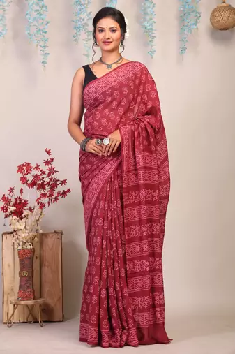 maroon sequence cotton silk blend bhagalpuri ethnic saree with unstitched blouse