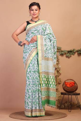 green zari work cotton linen bhagalpuri ethnic saree with unstitched blouse
