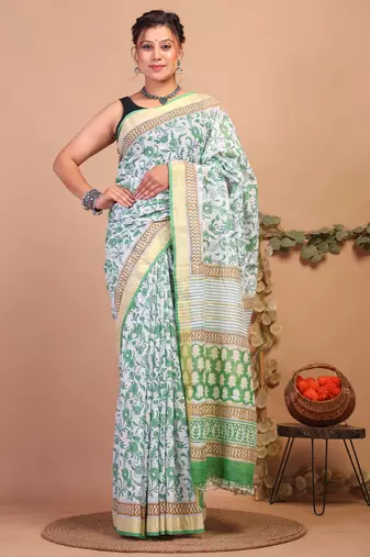 green zari work cotton linen bhagalpuri ethnic saree with unstitched blouse