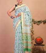 green zari work cotton linen bhagalpuri ethnic saree with unstitched blouse