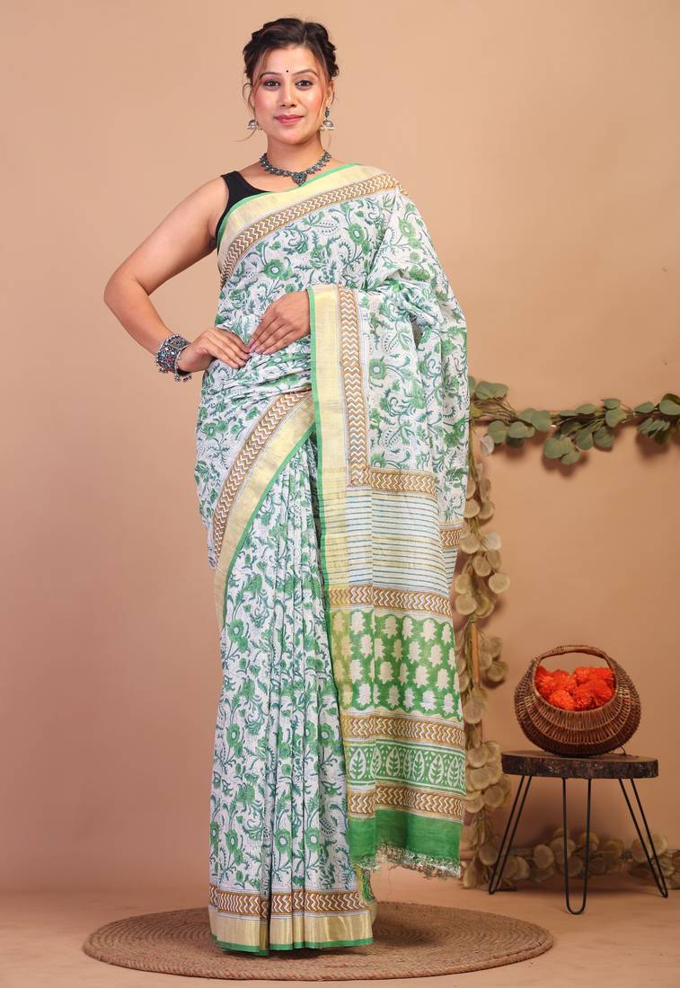 green zari work cotton linen bhagalpuri ethnic saree with unstitched blouse