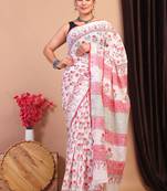 white:red zari work cotton linen bhagalpuri ethnic saree with unstitched blouse