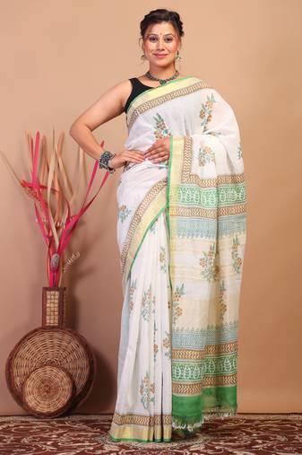 white zari work cotton linen bhagalpuri ethnic saree with unstitched blouse