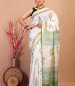 white zari work cotton linen bhagalpuri ethnic saree with unstitched blouse