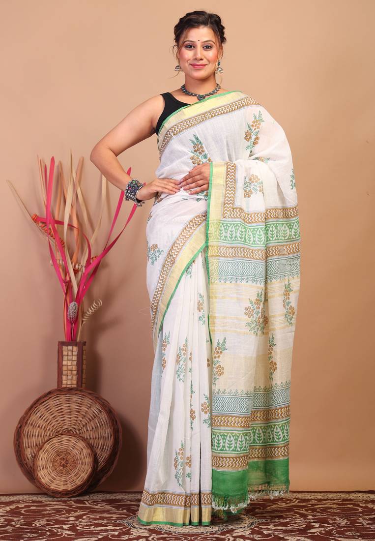white zari work cotton linen bhagalpuri ethnic saree with unstitched blouse