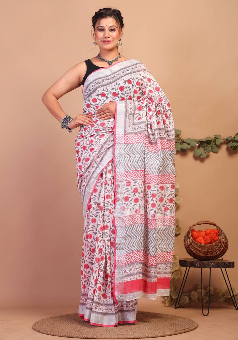 multicolor zari work cotton linen bhagalpuri ethnic saree with unstitched blouse