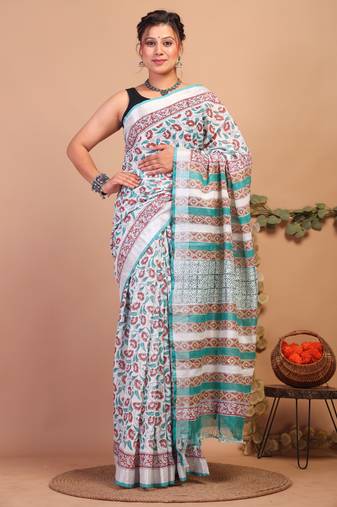 multicolor zari work cotton linen bhagalpuri ethnic saree with unstitched blouse