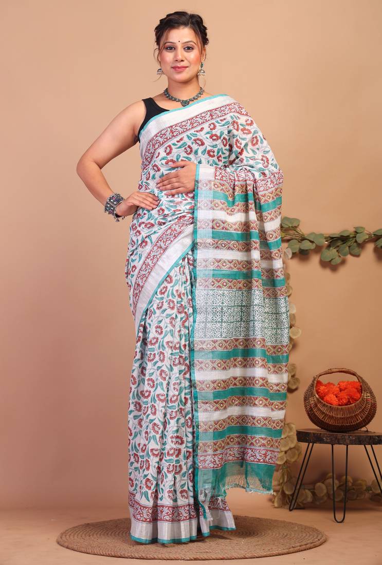 multicolor zari work cotton linen bhagalpuri ethnic saree with unstitched blouse