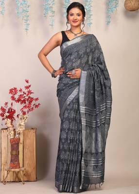gray zari work cotton linen bhagalpuri ethnic saree with unstitched blouse 1