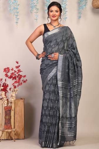 gray zari work cotton linen bhagalpuri ethnic saree with unstitched blouse