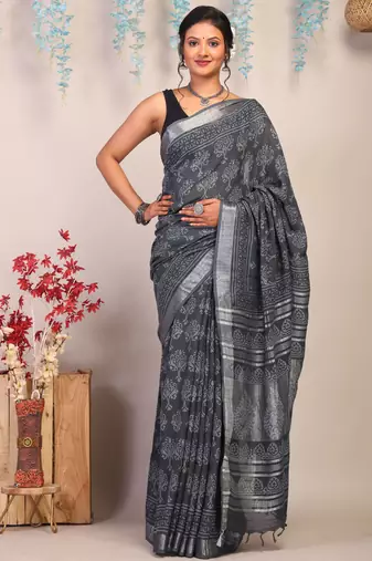 gray zari work cotton linen bhagalpuri ethnic saree with unstitched blouse