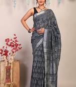 gray zari work cotton linen bhagalpuri ethnic saree with unstitched blouse