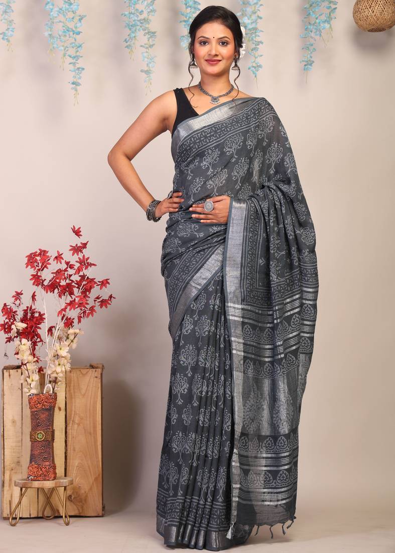 gray zari work cotton linen bhagalpuri ethnic saree with unstitched blouse