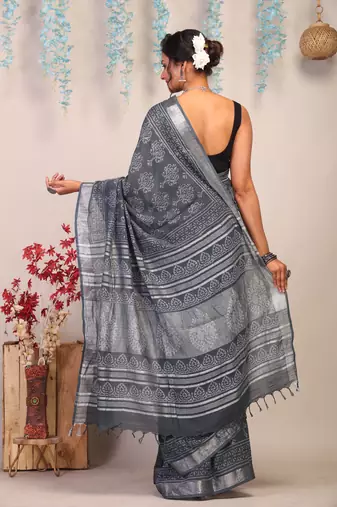 gray zari work cotton linen bhagalpuri ethnic saree with unstitched blouse