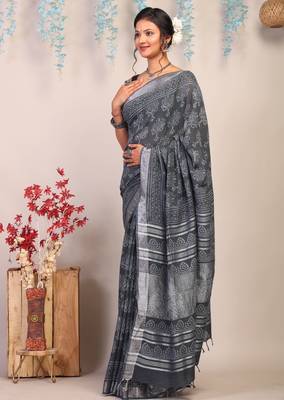 gray zari work cotton linen bhagalpuri ethnic saree with unstitched blouse 3