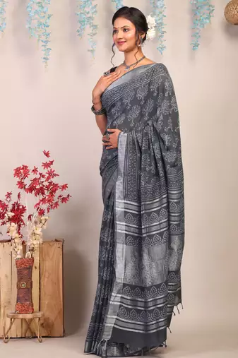gray zari work cotton linen bhagalpuri ethnic saree with unstitched blouse