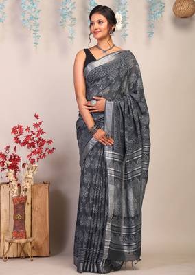 gray zari work cotton linen bhagalpuri ethnic saree with unstitched blouse 4