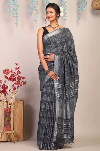 gray zari work cotton linen bhagalpuri ethnic saree with unstitched blouse