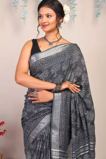 gray zari work cotton linen bhagalpuri ethnic saree with unstitched blouse