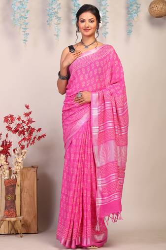 pink zari work cotton linen bhagalpuri ethnic saree with unstitched blouse