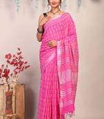 pink zari work cotton linen bhagalpuri ethnic saree with unstitched blouse