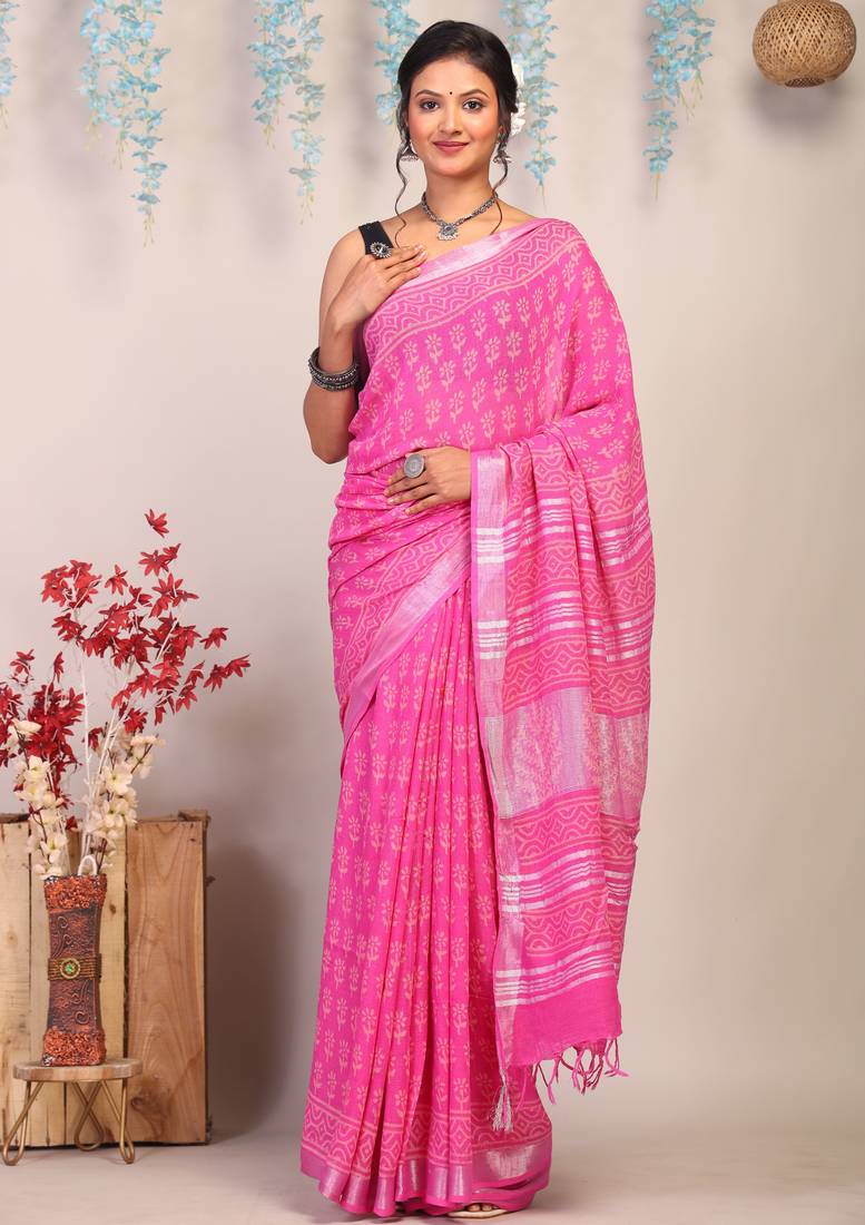 pink zari work cotton linen bhagalpuri ethnic saree with unstitched blouse