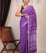 purple zari work cotton linen bhagalpuri ethnic saree with unstitched blouse