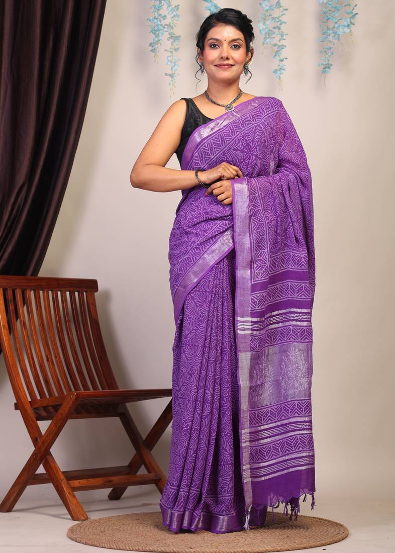 purple zari work cotton linen bhagalpuri ethnic saree with unstitched blouse
