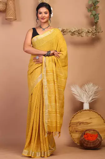 yellow zari work cotton linen bhagalpuri ethnic saree with unstitched blouse