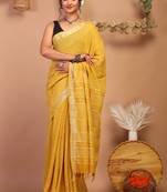 yellow zari work cotton linen bhagalpuri ethnic saree with unstitched blouse