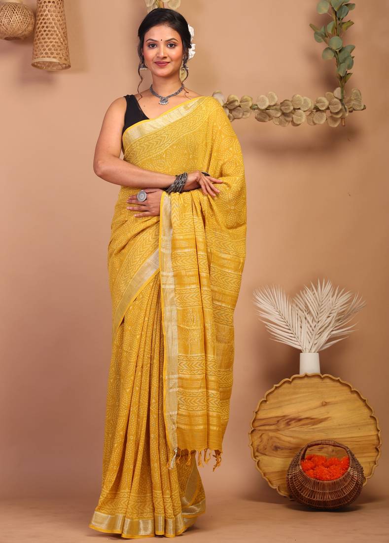 yellow zari work cotton linen bhagalpuri ethnic saree with unstitched blouse