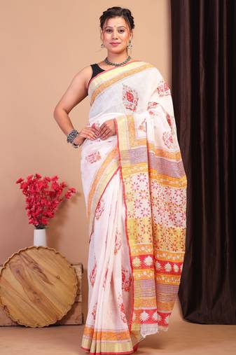 multicolor zari work cotton linen bhagalpuri ethnic saree with unstitched blouse