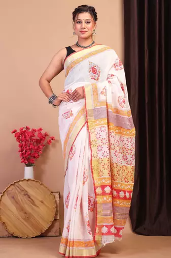 multicolor zari work cotton linen bhagalpuri ethnic saree with unstitched blouse