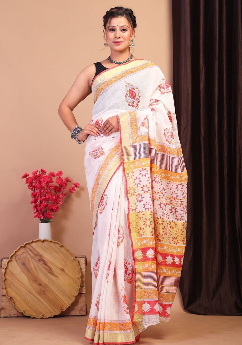 multicolor zari work cotton linen bhagalpuri ethnic saree with unstitched blouse