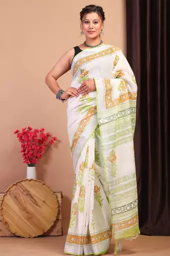 multicolor zari work cotton linen bhagalpuri ethnic saree with unstitched blouse