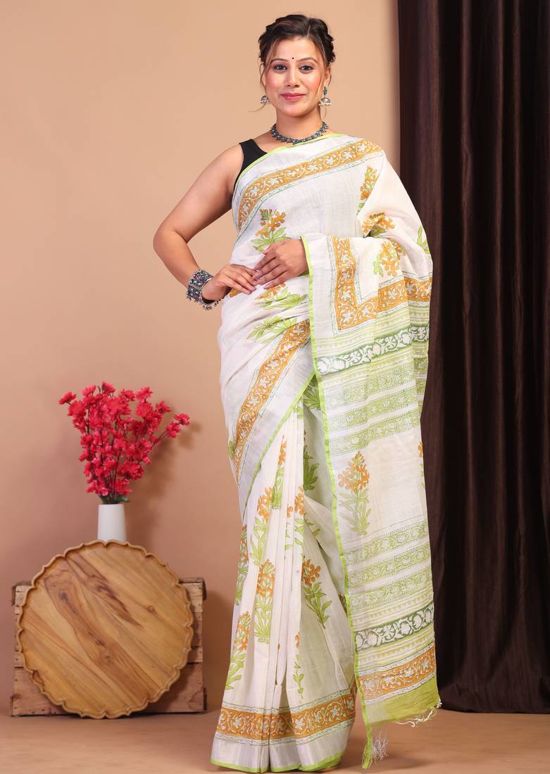 multicolor zari work cotton linen bhagalpuri ethnic saree with unstitched blouse