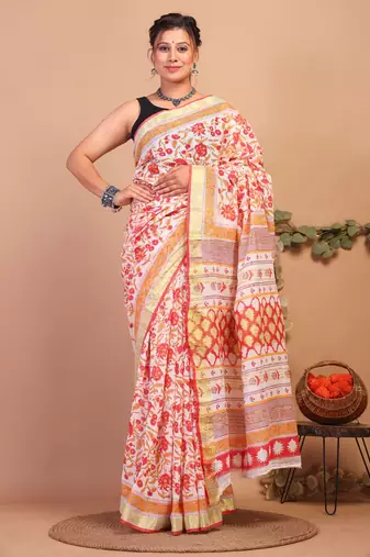 multicolor zari work cotton linen bhagalpuri ethnic saree with unstitched blouse