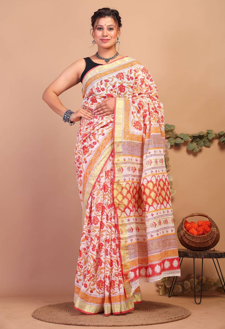 multicolor zari work cotton linen bhagalpuri ethnic saree with unstitched blouse