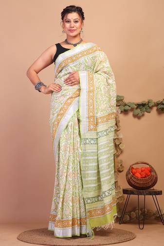 lime green zari work cotton linen bhagalpuri ethnic saree with unstitched blouse