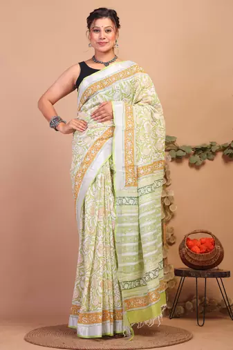 lime green zari work cotton linen bhagalpuri ethnic saree with unstitched blouse