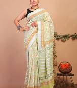 lime green zari work cotton linen bhagalpuri ethnic saree with unstitched blouse